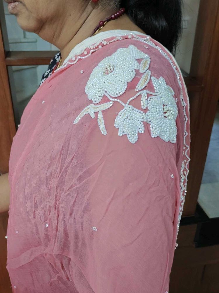 Pink Georgette Handwork Saree + Free Delivery