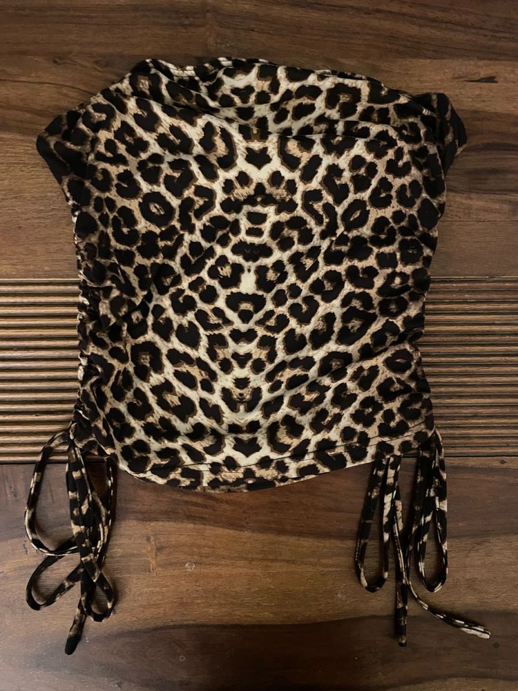 leopard print tube top with drawstrings