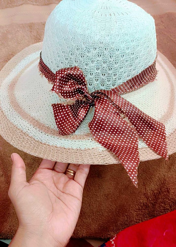 Woven Sun Hat with Polka Dot Bow