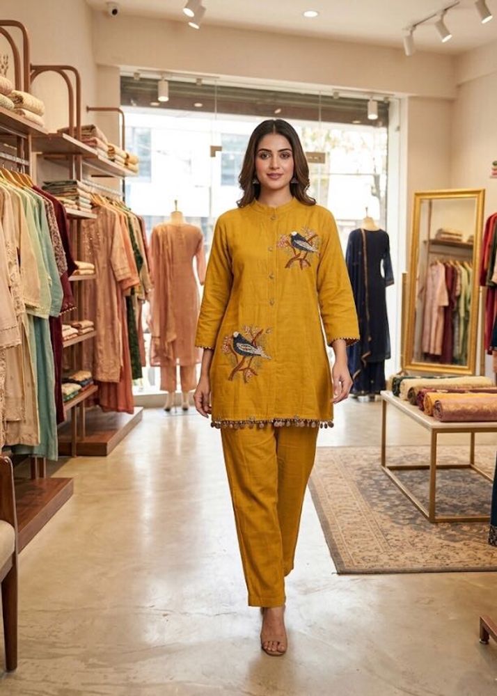 Yellow Kurta Set with Bird Embroidery