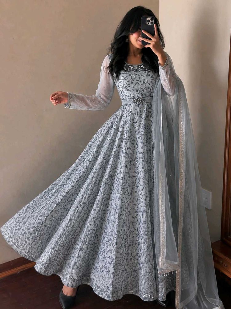 Elegant Grey Embroidered Gown