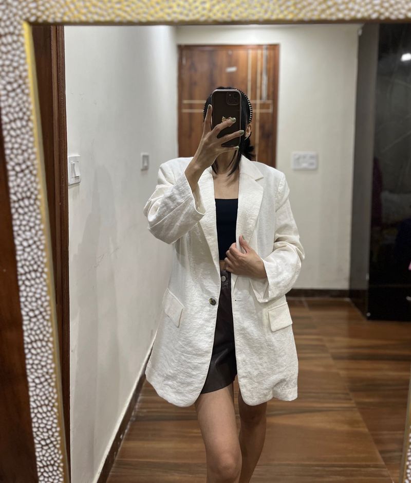 H&amp;M OFF WHITE LINEN OVERSIZED BLAZER