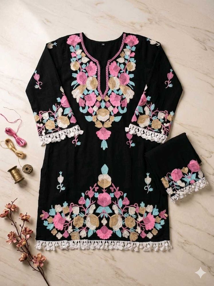 Embroidered Black Kurta with Trousers Set