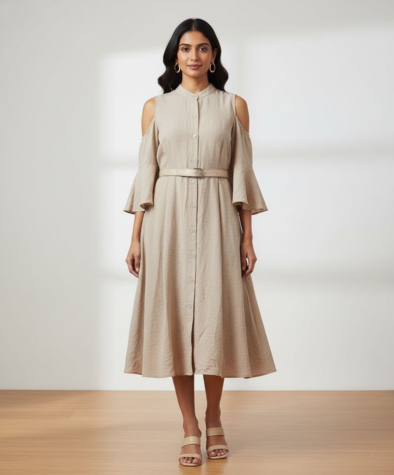 Elegant Beige Cold Shoulder Dress