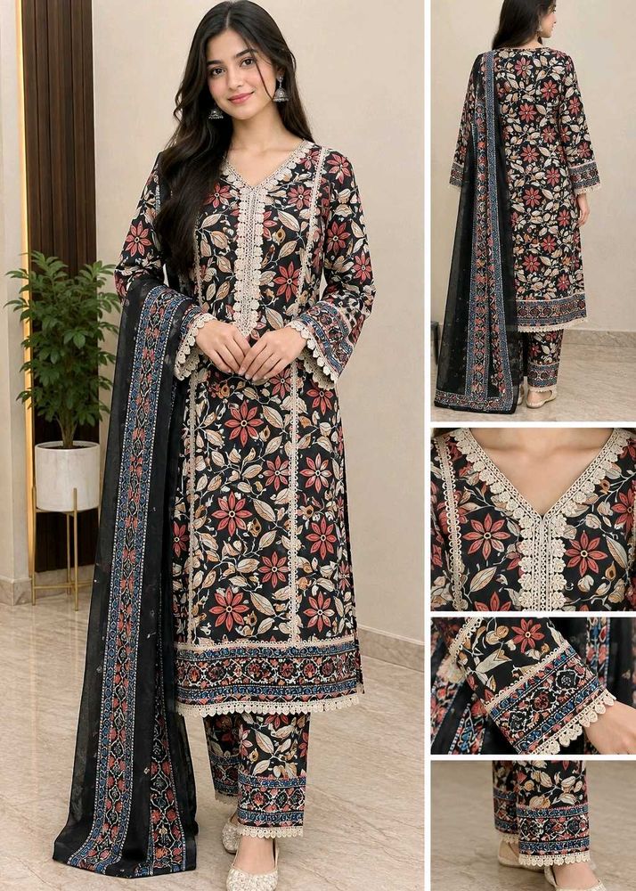 Pakistani Elegant Floral Print Kurta Set with Dupa