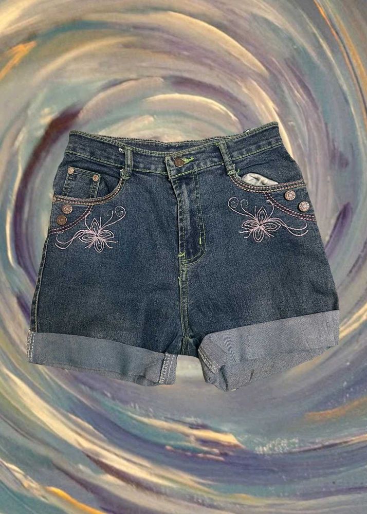 Embroidered Denim Shorts