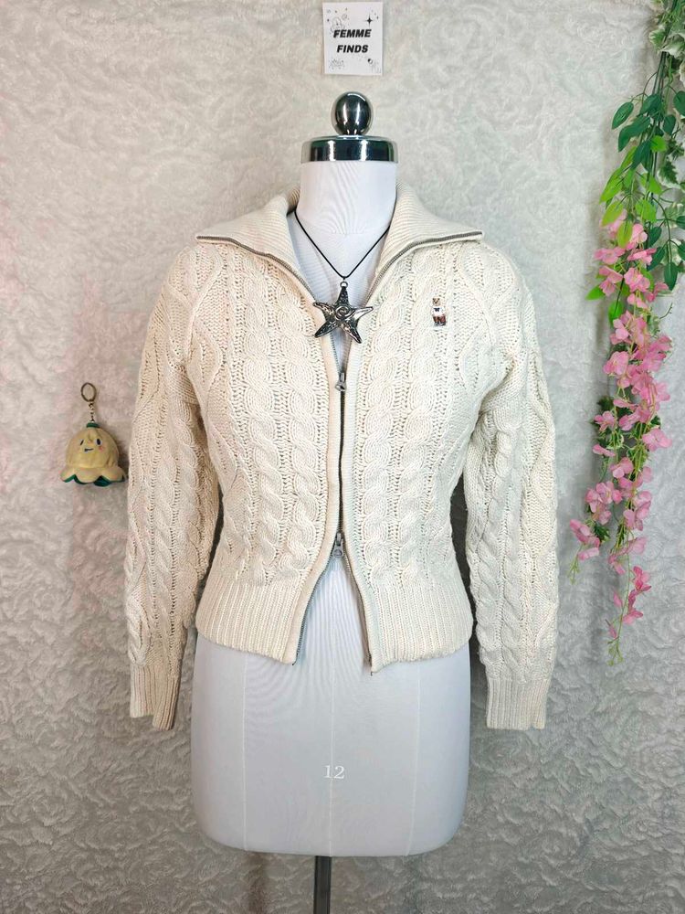 Cream Cable Knit Zip-Up Sweater