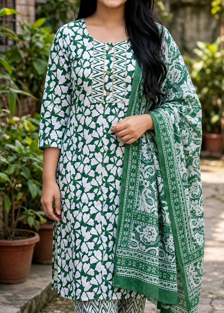 Green Floral Print Kurta Set with Dupatta