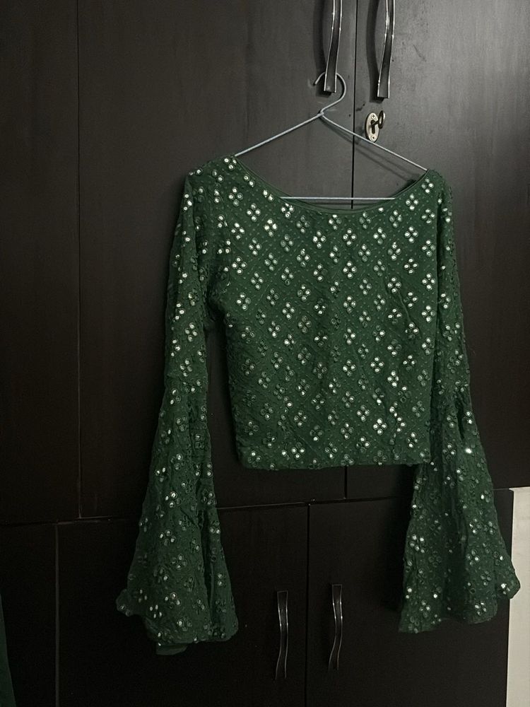 Stunning Green Sequin Bell Sleeve Blouse