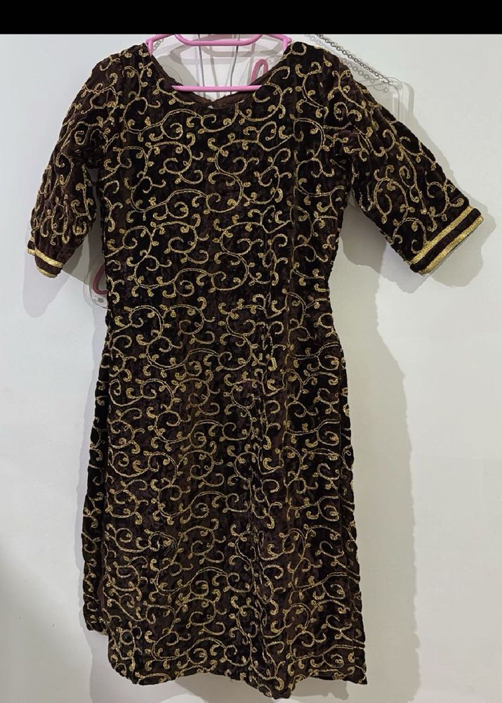 Brown Embroidered Velvet Kurta Set