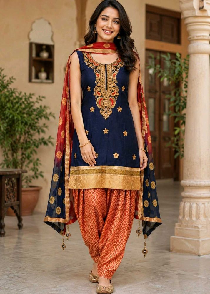 Navy Blue and Rust-Orange Salwar Suit Set