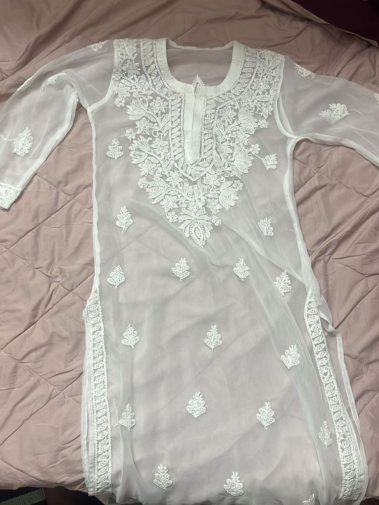 white transperent chickenkari kurti unused