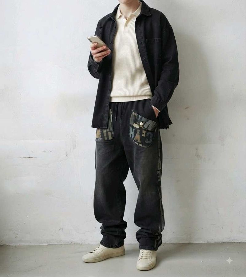 Stylish Washed Black Denim Cargo Pants