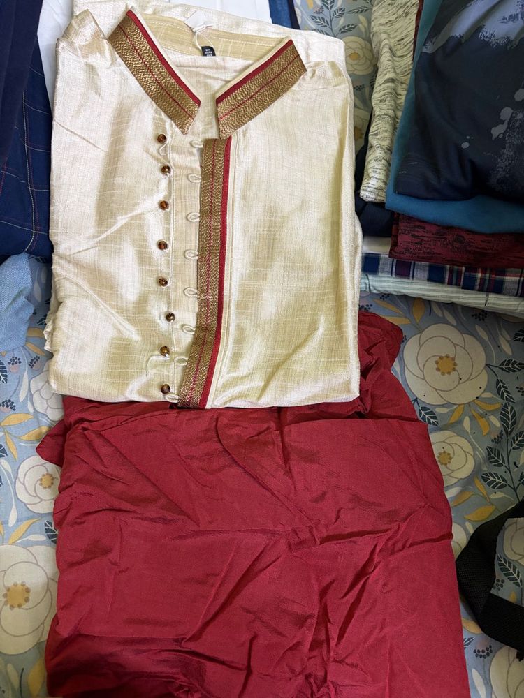Men's Cream Kurta with Red Salwar