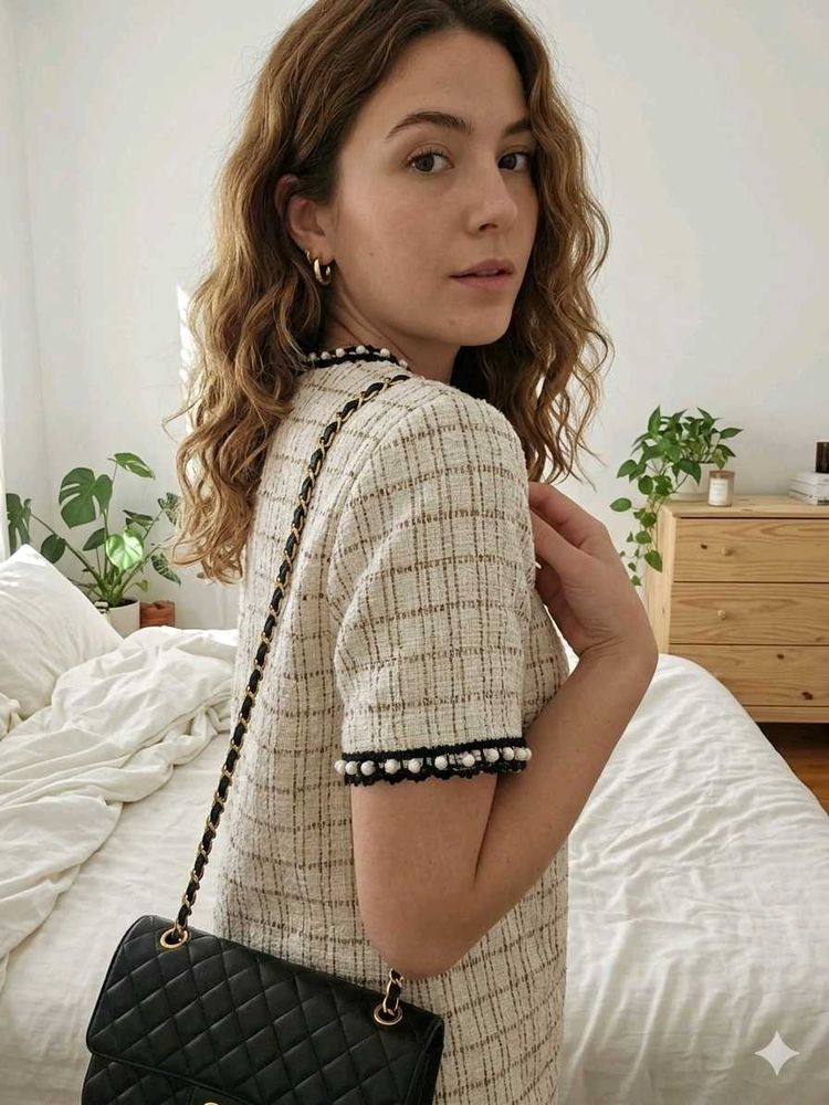 Zara Chic Pearl Trim Tweed Top