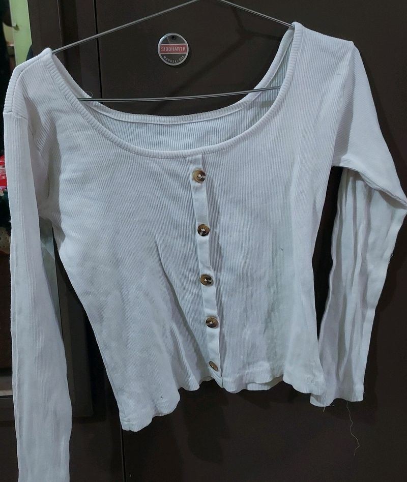 White Ribbed Button-Front Top