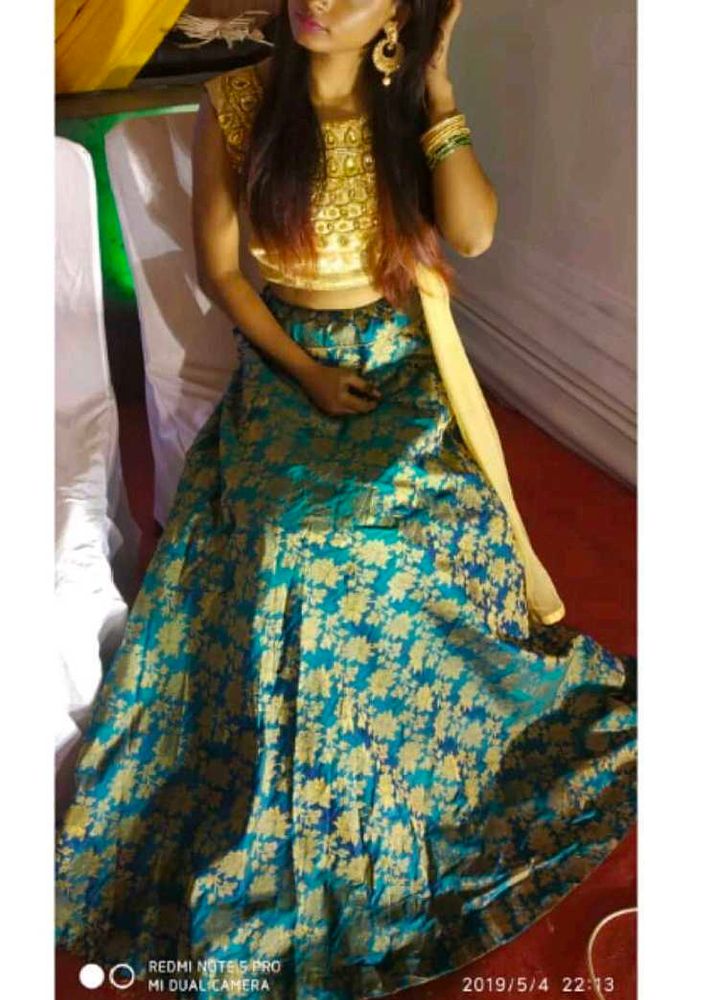 Blue Brocade Lehenga with dupatta
