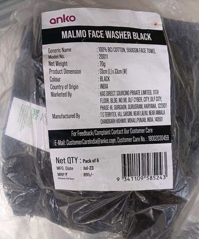 Anko Malmo Black Face Washers (pack of 6)