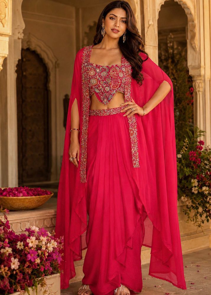 Designer crop top - pleated skirt with shrug Set
