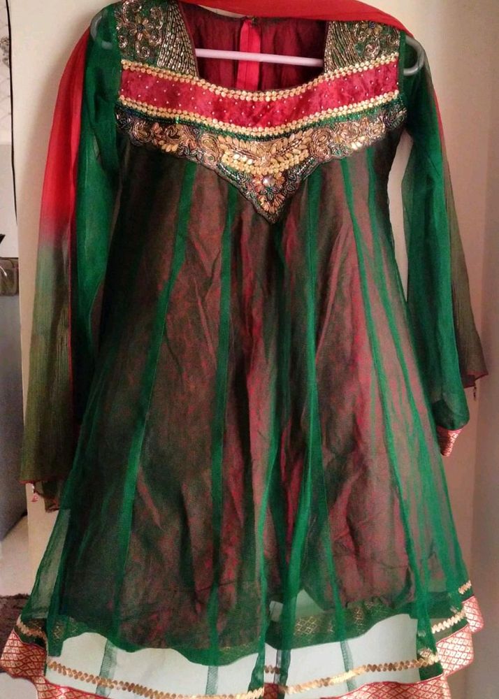 Netted Green Anarkali With Dupatta