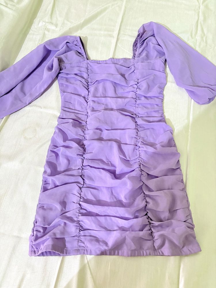 Purple Ruched Puff Sleeve Mini Dress