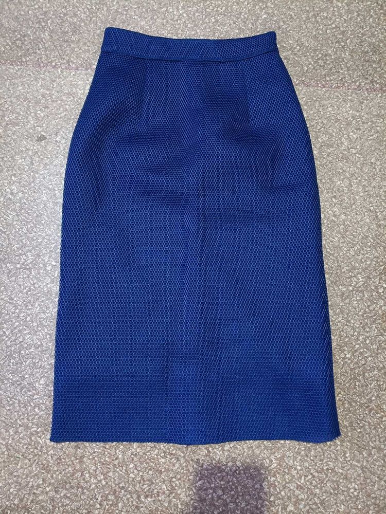 Blue Textured Pencil Skirt