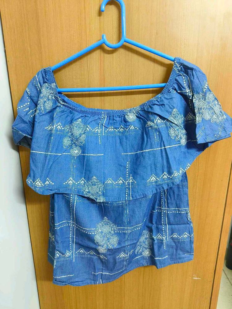 Blue Off-Shoulder Printed Top