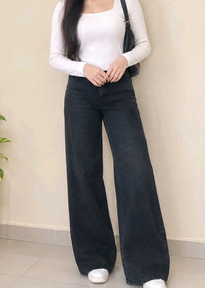 Women's Wide Leg Black Denim Jeans