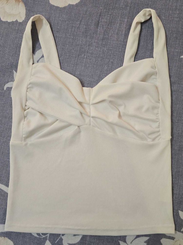 white Ribbed Ruched Sweetheart Tank Top