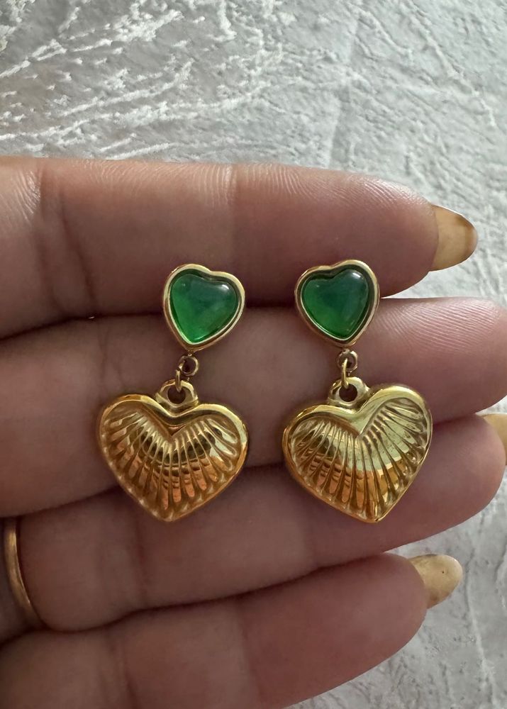 Gold Heart Earrings with Green Stone