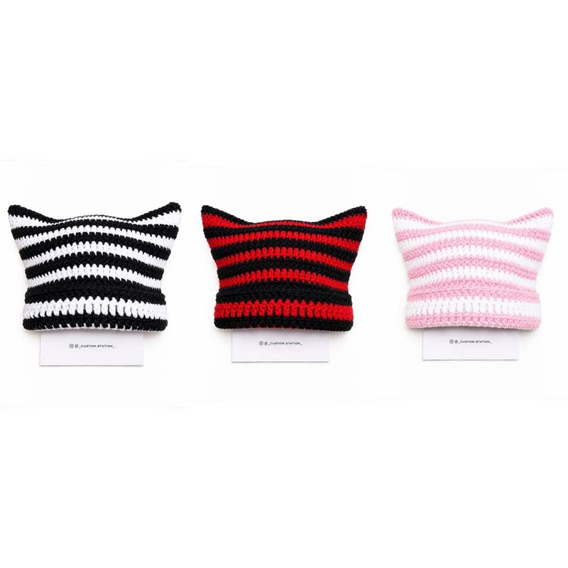 Handmade Crochet Striped Cat Ear Beanie (any one)