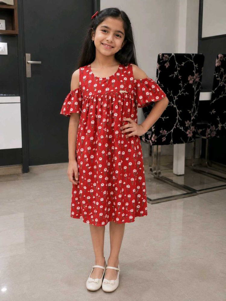 Red Floral Cold Shoulder Dress
