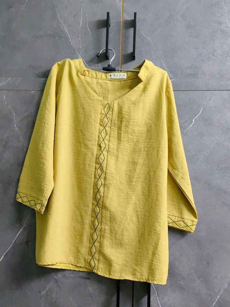 Yellow Embroidered Cotton Kurta