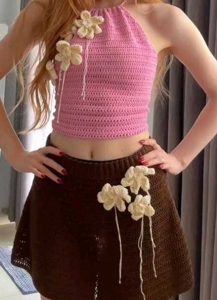 Crocheted Flower Halter Top and Skirt set