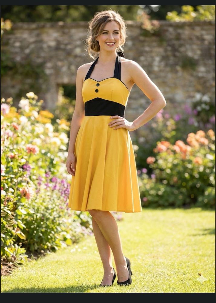 Yellow &amp; Black Mini Halter Dress