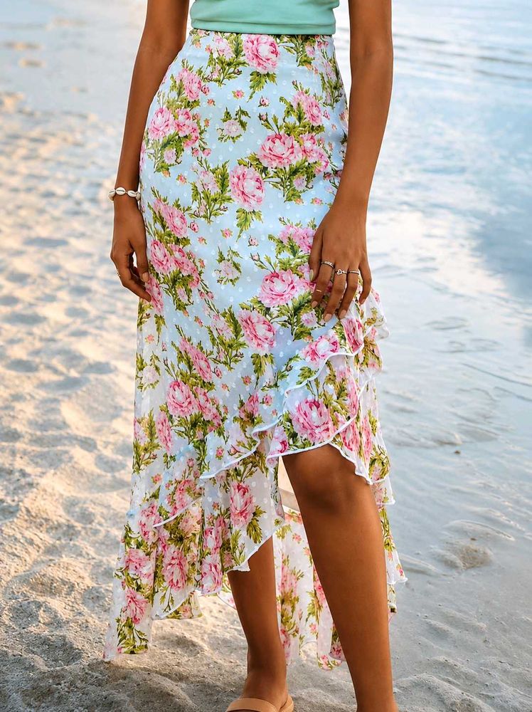 Floral Ruffle Hem Midi Skirt