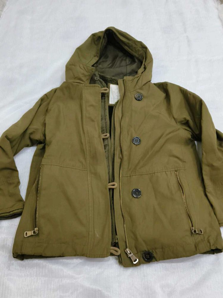 Stylish Olive Green double layer Hooded Jacket