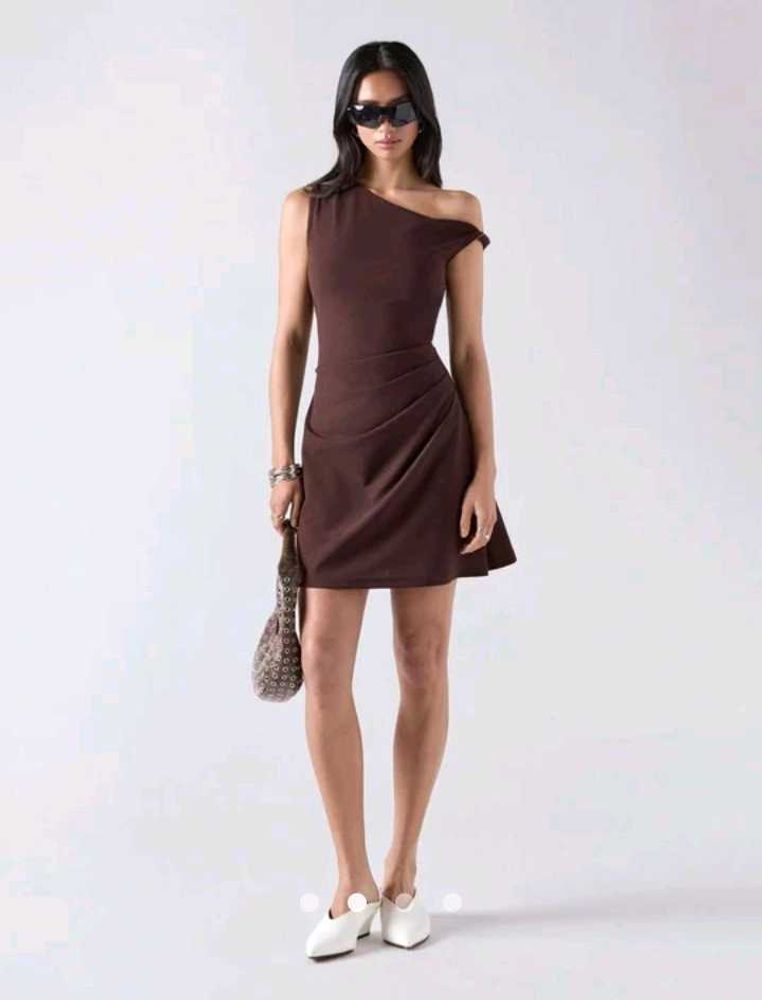 Brown One-Shoulder Ruched Dress