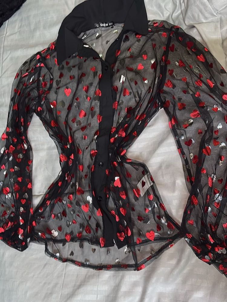 Shein Black Heart Print Mesh Top