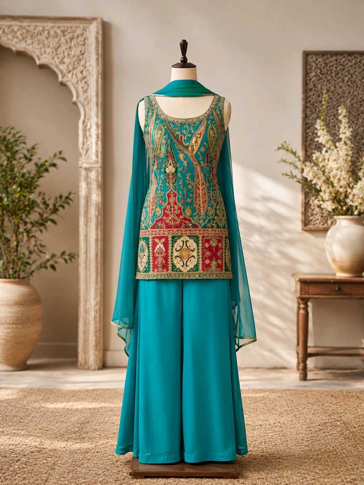 Embroidered Teal Kurta Set with Palazzo(bust32-34)