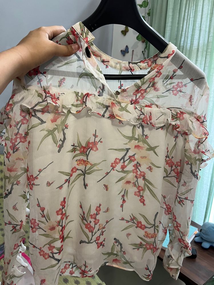 Sheer Floral Ruffle Blouse