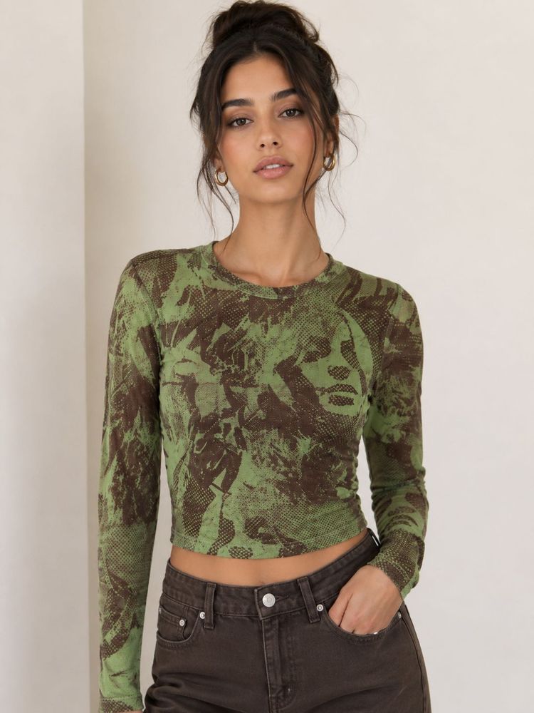 Green Graphic Mesh Long Sleeve Top