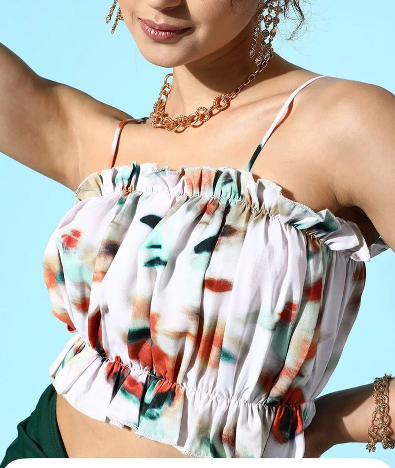 Chic Abstract Print Ruffle Crop Top