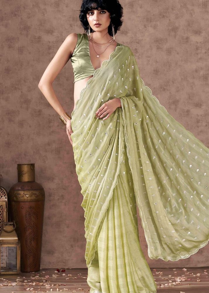 Elegant Light Green Mirror Work Saree