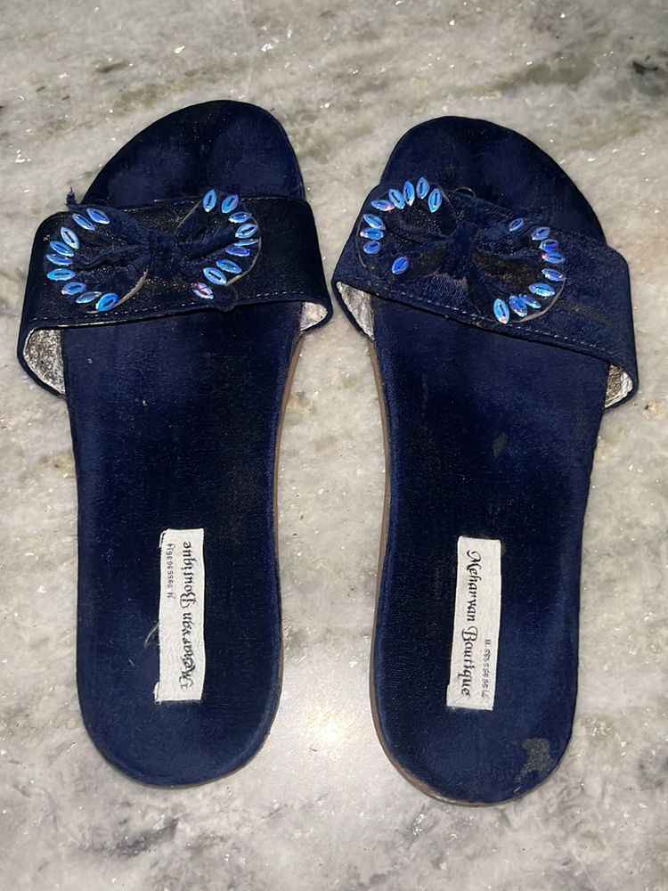 Chic Blue Velvet Bow Slides