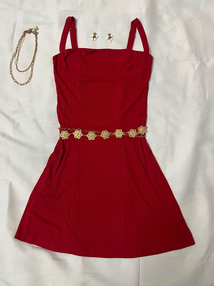 Vibrant Red Ribbed Mini Dress