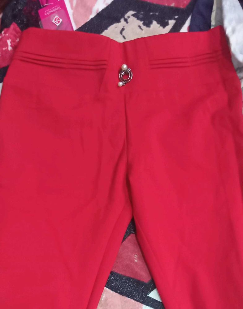 Elegant Red Trousers with Decorative Button