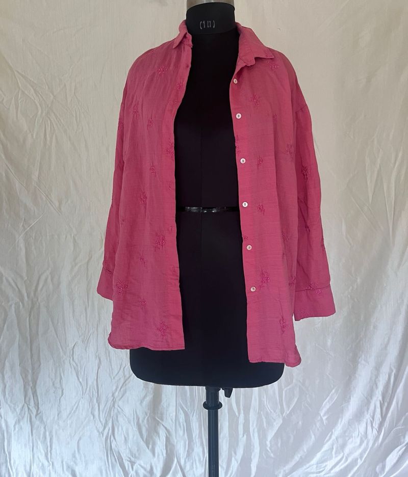 Pink Embroidered Button-Up Shirt