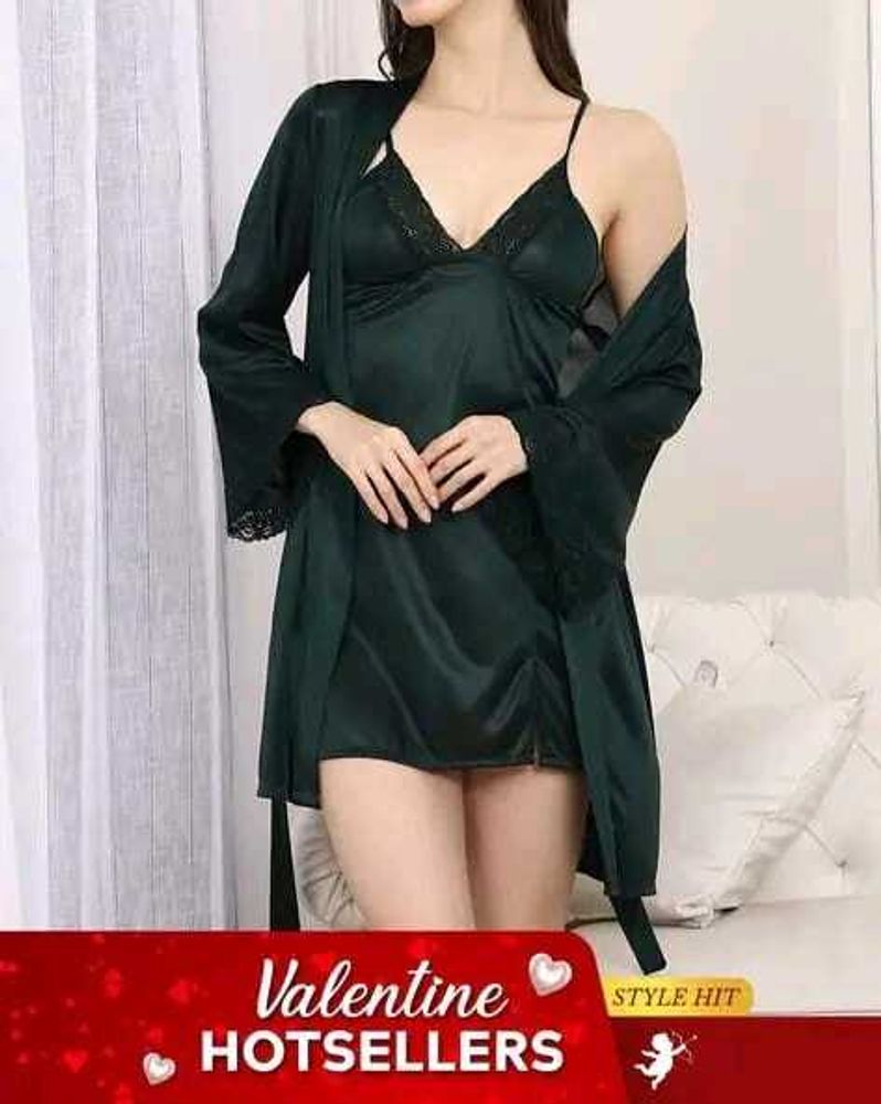 Shein Spaghetti Strap Lace Trim Slit Nightie &amp; Rob