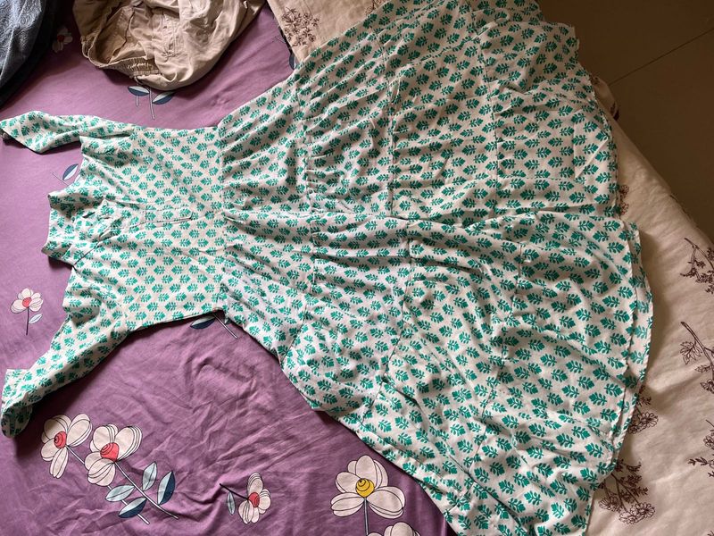 White &amp; Green Printed Ethnic Gown